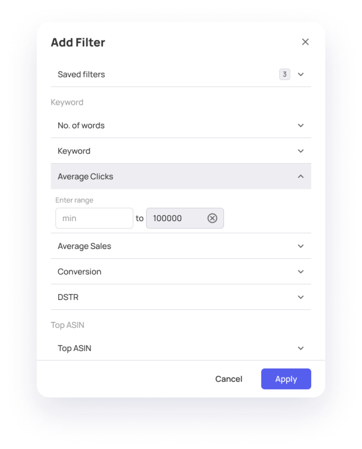 Datarova keyword filters popup