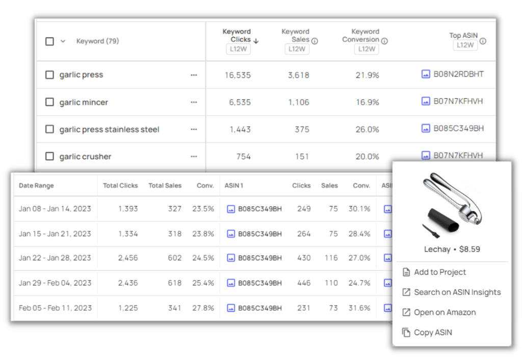 Datarova Keyword Spy sales data table for Amazon keywords
